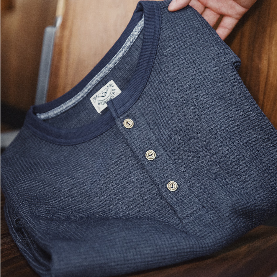 美式復古華夫格針織亨利衫修身阿美咔嘰純色長袖T恤男秋-Retro's Wear