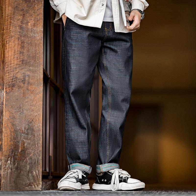 馬登工裝美式彩棉牛仔褲白邊赤耳中腰直筒原牛長褲子男秋-Retro's Wear