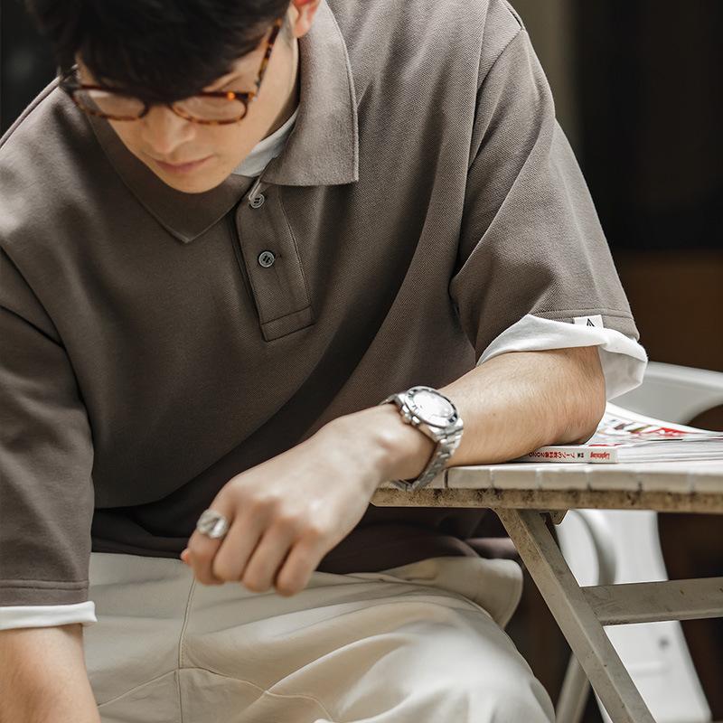 馬登工裝寬鬆珠地空氣棉polo衫夏季免燙翻領短袖T恤男潮-Retro's Wear