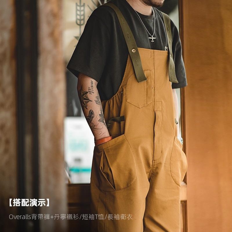 馬登工裝美式寬鬆BF直筒背帶褲阿美哢嘰休閒連體吊帶長褲子男-Retro's Wear