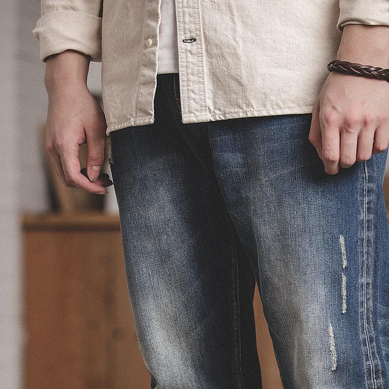 休閑九分水洗赤耳牛仔褲阿美咔嘰做舊破洞直筒褲男-Retro's Wear