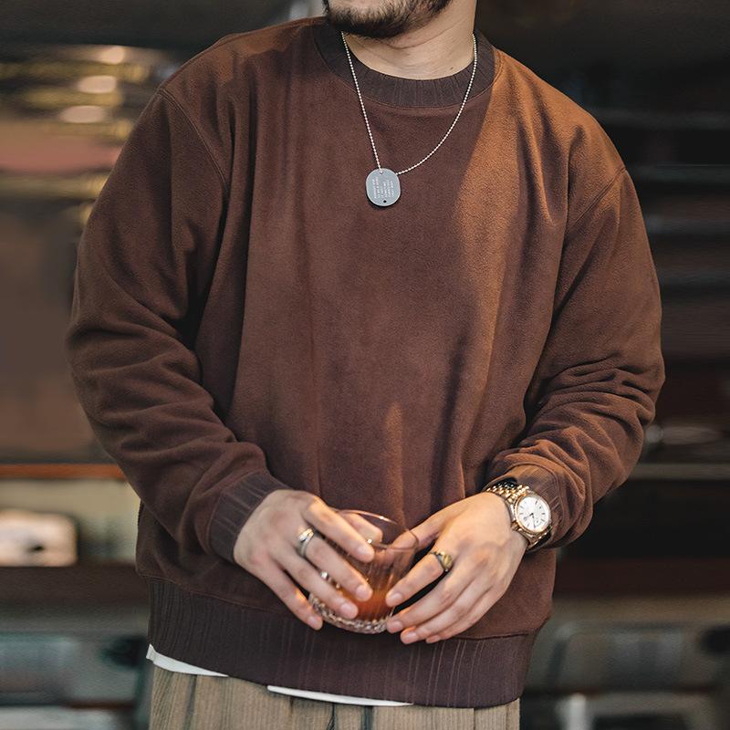 馬登工裝黑色圓領搖粒絨衛衣內搭保暖加厚外套頭男秋冬-Retro's Wear