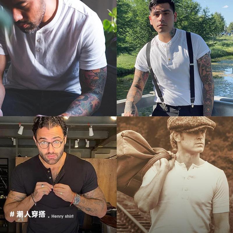 馬登工裝美式阿美哢嘰短袖亨利衫夏季軍綠微彈硬漢T恤男-Retro's Wear