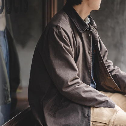 美式復古翻領防水油蠟風衣咖色中長款英倫風大衣外套男秋-Retro's Wear