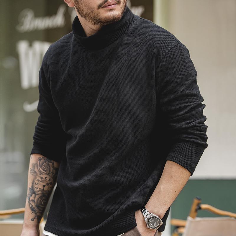 美式休閑灰色高領衛衣純色內搭打底衫長袖T恤男秋冬-Retro's Wear