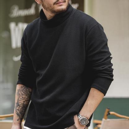 美式休閑灰色高領衛衣純色內搭打底衫長袖T恤男秋冬-Retro's Wear