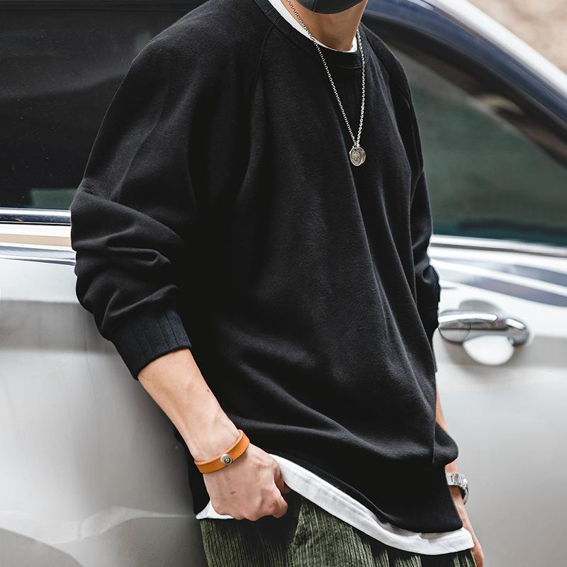 馬登工裝美式無帽純色圓領衛衣春秋阿美哢嘰黑色外套男潮-Retro's Wear