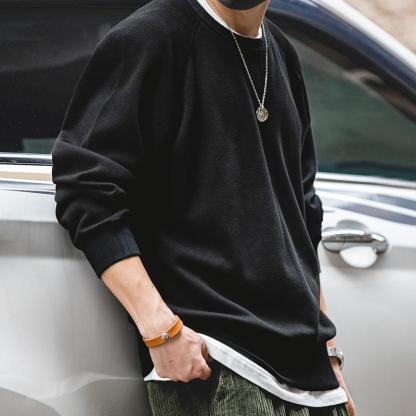 馬登工裝美式無帽純色圓領衛衣春秋阿美哢嘰黑色外套男潮-Retro's Wear