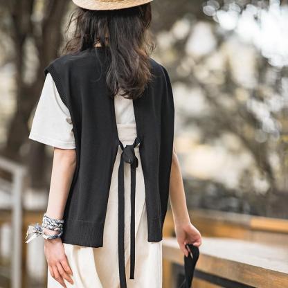馬登女裝休閑v領系帶疊穿針織馬甲無袖慵懶背心坎肩上衣春新款-Retro's Wear