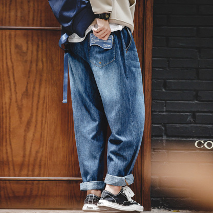 美式休閒磨白丹寧牛仔褲水洗貓鬚寬鬆直筒長褲子男秋-Retro's Wear