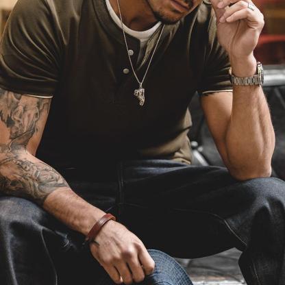 馬登工裝美式阿美哢嘰短袖亨利衫夏季軍綠微彈硬漢T恤男-Retro's Wear