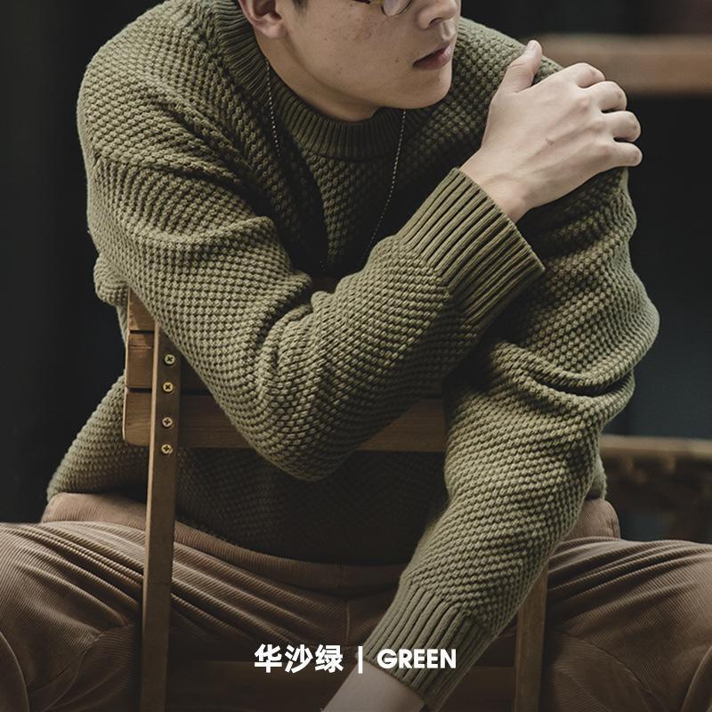 馬登工裝灰色鳳梨紋粗毛衣加厚實圓領落肩針織衫男秋-Retro's Wear