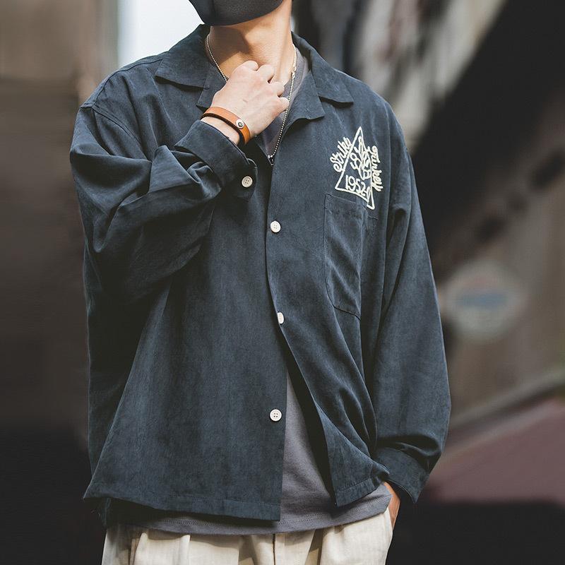 馬登工裝美式墨綠保齡球古巴領襯衫磨毛寬松桃皮打底男潮-Retro's Wear