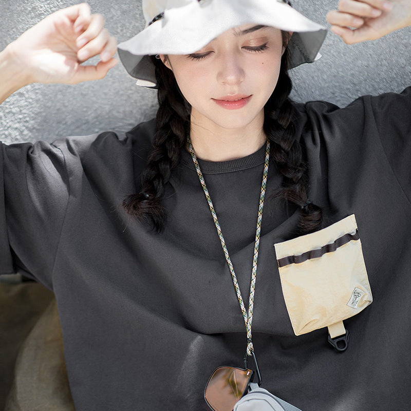 馬登女裝美式休閑戶外機能風短袖T恤夏季純棉口袋撞色體恤拼接Tee-Retro's Wear