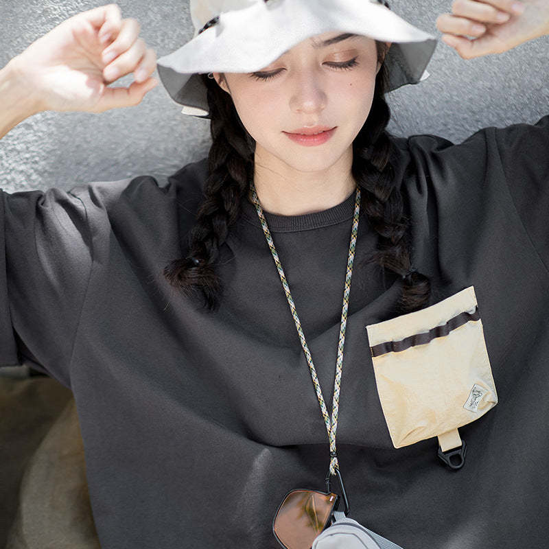 馬登女裝美式休閑戶外機能風短袖T恤夏季純棉口袋撞色體恤拼接Tee-Retro's Wear