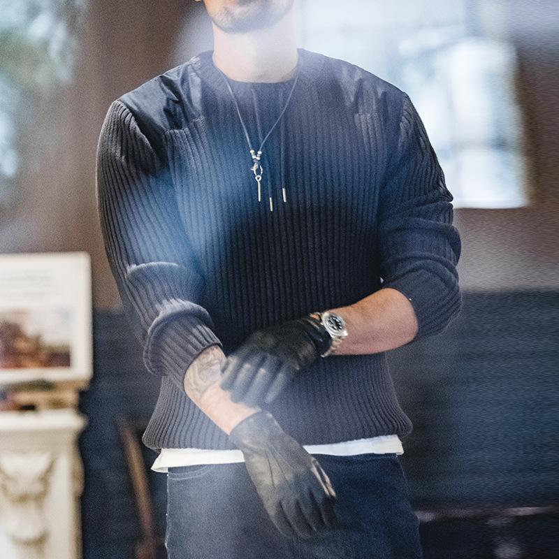 美式豎條紋拼接毛衣圓領修身硬漢風戰術針織衫男秋-Retro's Wear