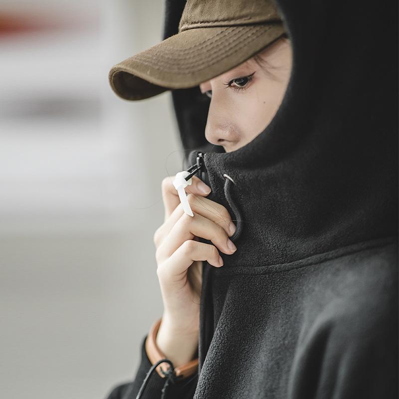 馬登女裝秋冬軟糯搖粒加絨拉鏈套頭衫正肩純黑色長袖連帽衛衣-Retro's Wear