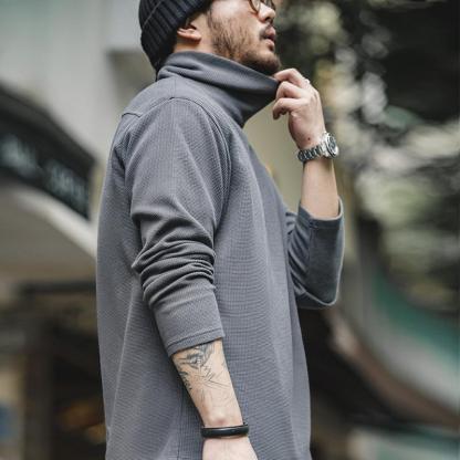 美式休閑灰色高領衛衣純色內搭打底衫長袖T恤男秋冬-Retro's Wear