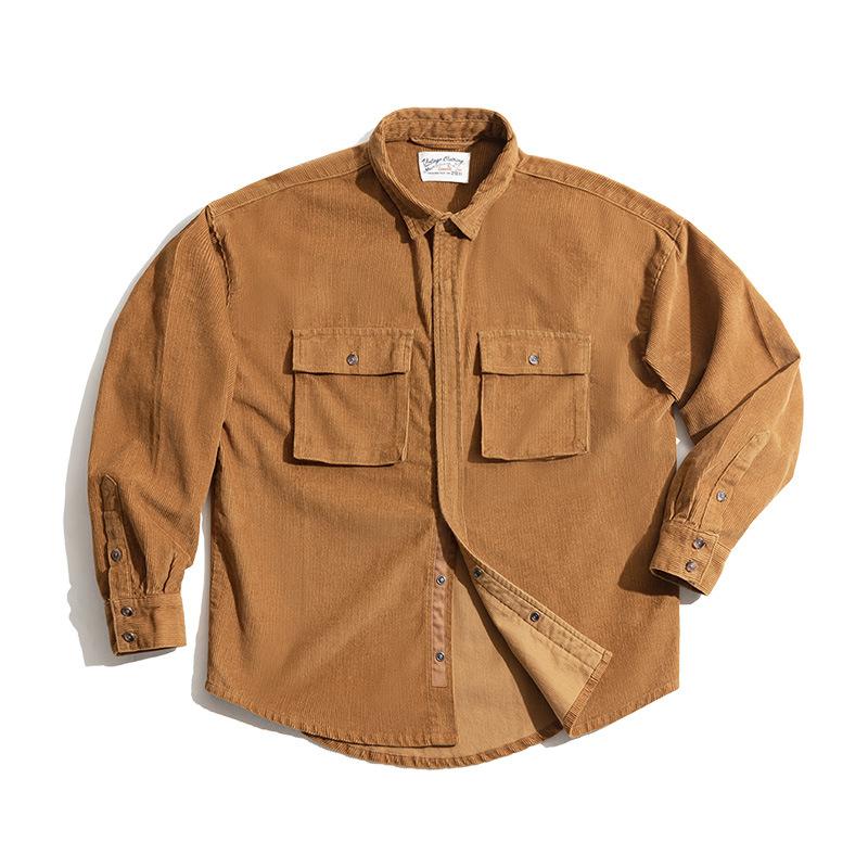 馬登工裝寬鬆翻領燈芯絨夾克春秋單排扣口袋外穿襯衫男潮-Retro's Wear