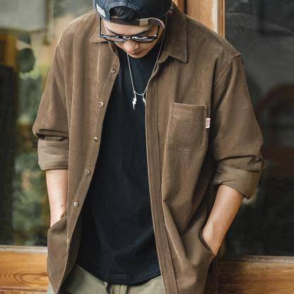 馬登工裝美式休閑燈芯絨長袖襯衫修身疊穿內搭外套條絨寸衣男丁秋-Retro's Wear