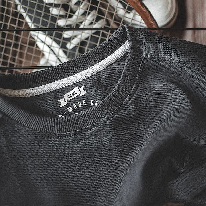 馬登工裝寬鬆圓領深灰色短袖厚實哢嘰夏純色潮半袖T恤男-Retro's Wear