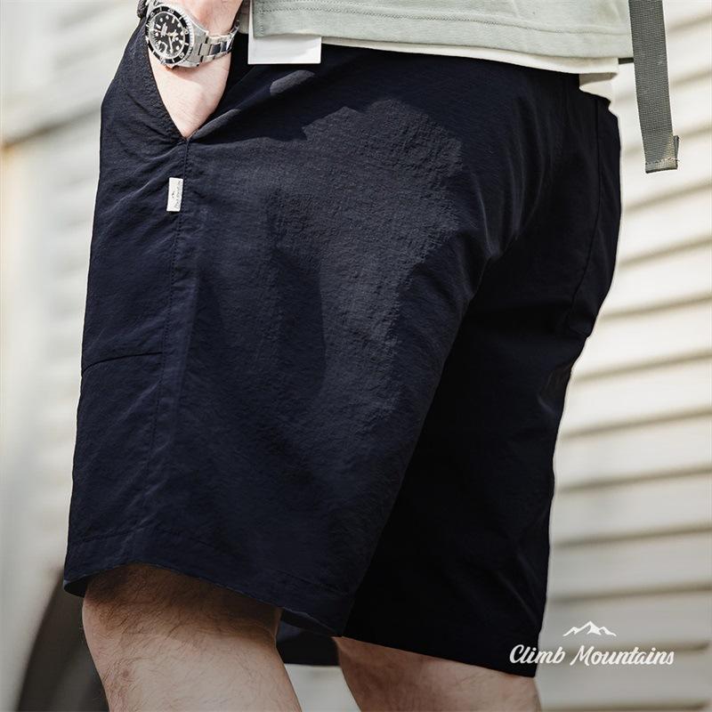 戶外休閑梭織短褲大口袋褶皺寬松直筒抽繩尼龍五分褲男-Retro's Wear