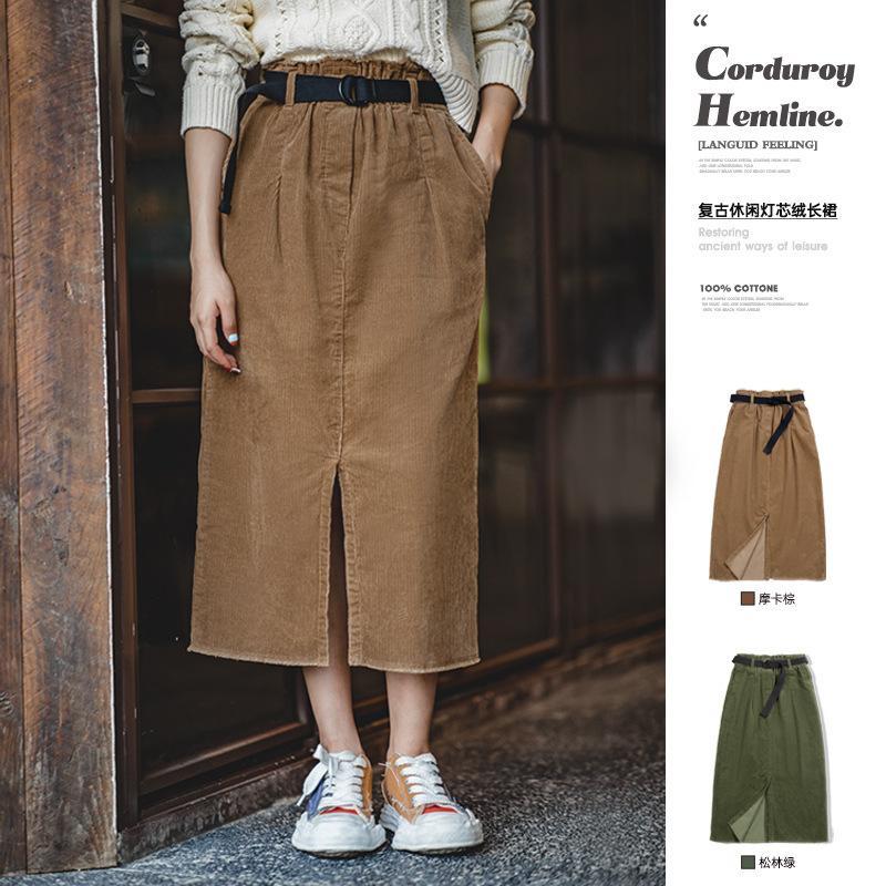 馬登女裝洗水燈芯絨百搭配半身裙秋冬新款腰帶中高腰直筒裙女-Retro's Wear