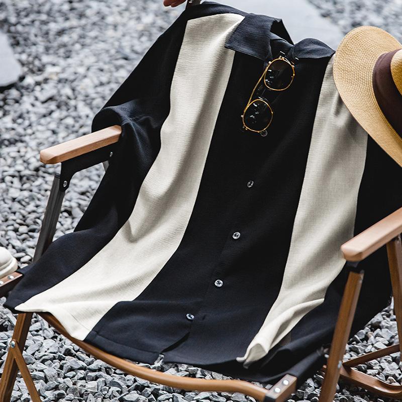 馬登工裝襯衫拼接古巴領短袖紗織水洗仿貝扣寬鬆男春夏上裝-Retro's Wear