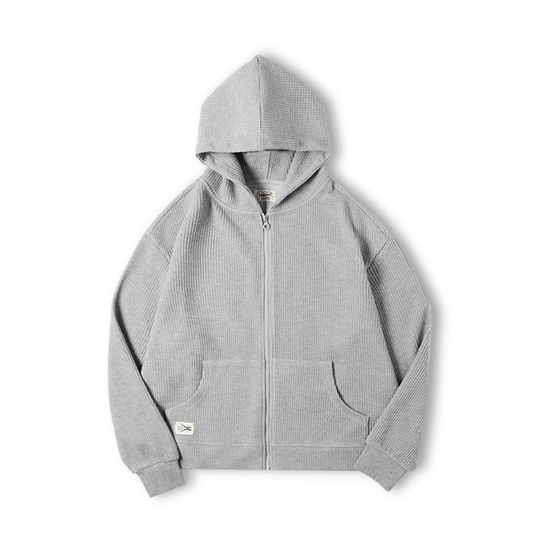 馬登工裝灰色華夫格連帽衛衣慵懶針織開衫運動外套男秋冬-Retro's Wear