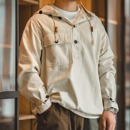馬登工裝美式軍事風白色外套人字紋半開襟防護連帽衛衣男-Retro's Wear