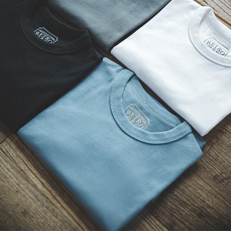 馬登工裝美式圓領300g純色厚實碳素磨毛t恤男士棉短袖寬鬆-Retro's Wear