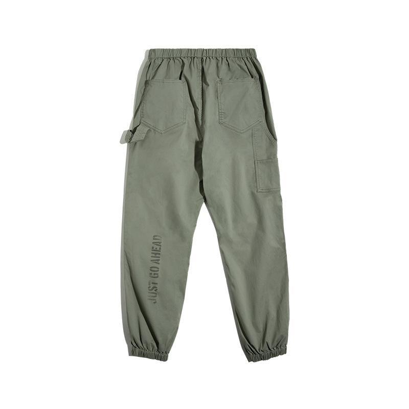 馬登工裝美式休閒印花中腰黑色工裝褲抽繩鬆緊腰微彈束腳褲男潮-Retro's Wear