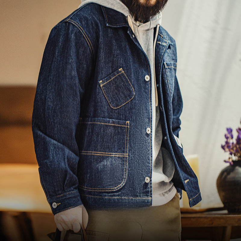 復古四袋牛仔夾克翻領丹寧阿美咔嘰多口袋外套男秋-Retro's Wear