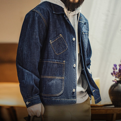 復古四袋牛仔夾克翻領丹寧阿美咔嘰多口袋外套男秋-Retro's Wear