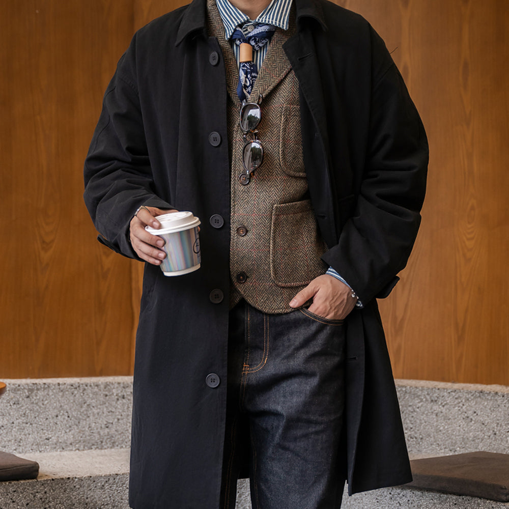 巴爾馬肯美式休閑工裝風衣中長款過膝寬松單排扣外套-Retro's Wear