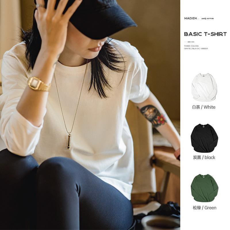 美式32支純棉長袖t恤圓弧下擺純色基礎款打底衫-Retro's Wear