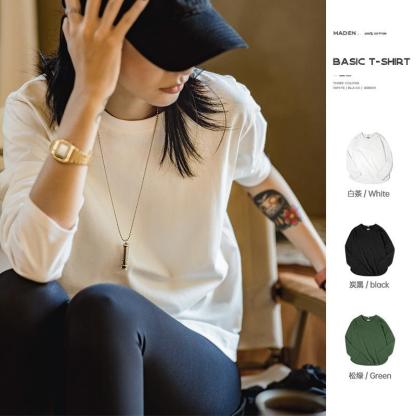 美式32支純棉長袖t恤圓弧下擺純色基礎款打底衫-Retro's Wear