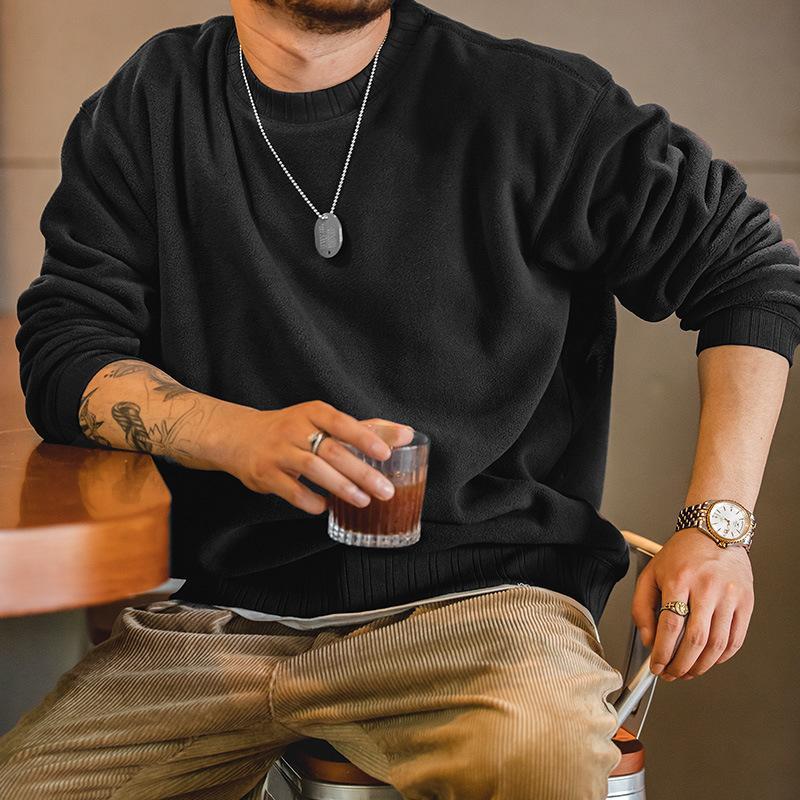 馬登工裝黑色圓領搖粒絨衛衣內搭保暖加厚外套頭男秋冬-Retro's Wear