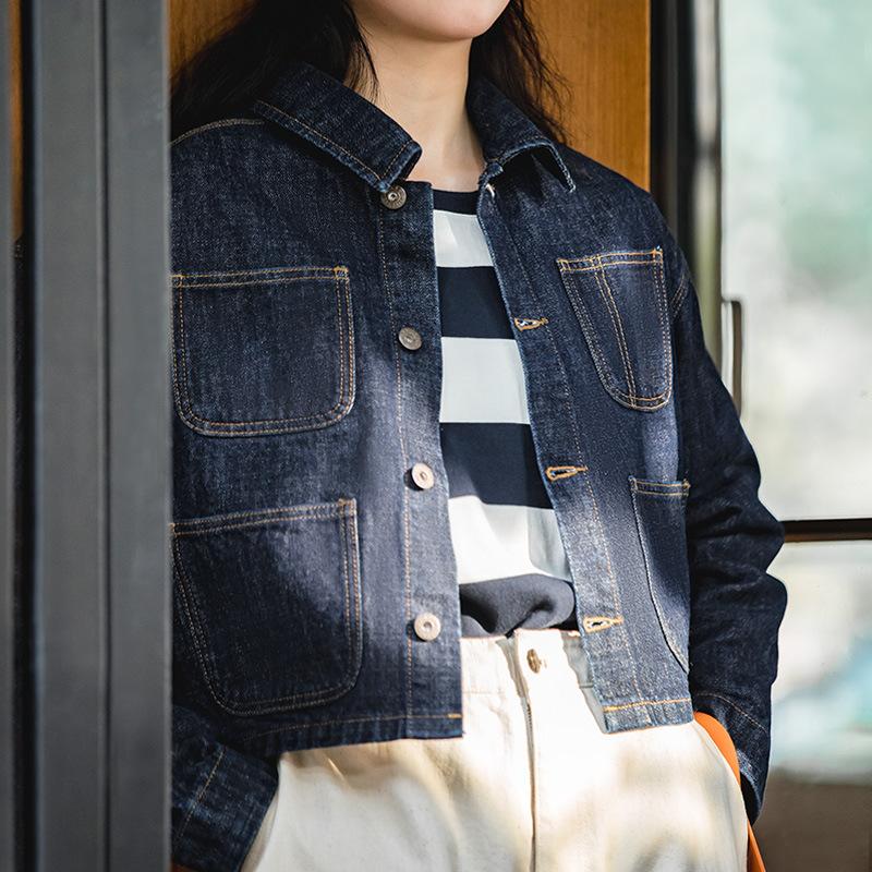 馬登女裝美式水洗丹寧深藍色純棉牛仔外套寬松翻領短款夾克女-Retro's Wear