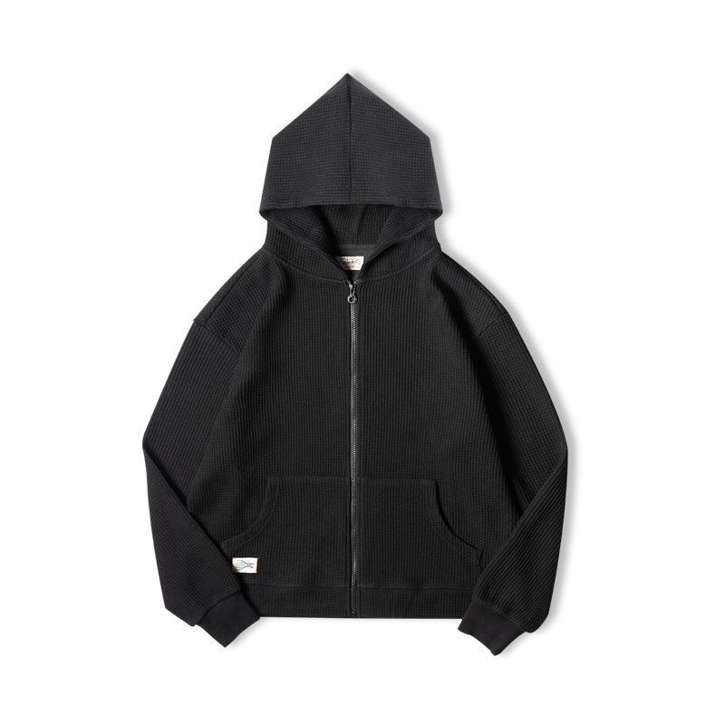 馬登工裝灰色華夫格連帽衛衣慵懶針織開衫運動外套男秋冬-Retro's Wear