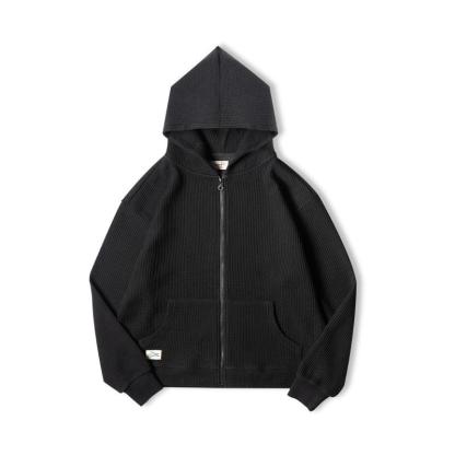 馬登工裝灰色華夫格連帽衛衣慵懶針織開衫運動外套男秋冬-Retro's Wear