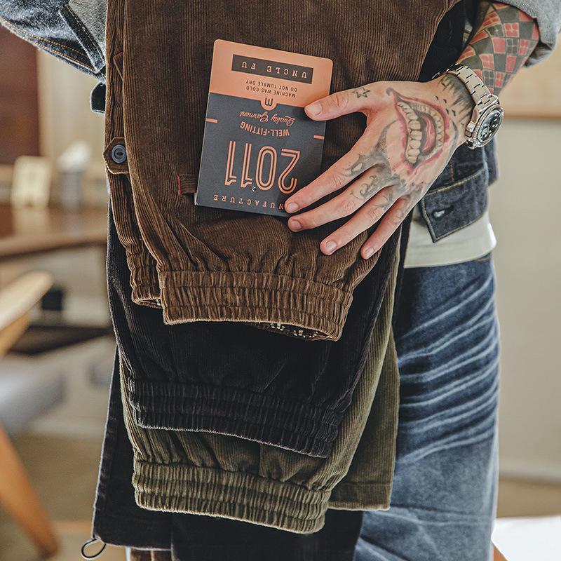 馬登工裝美式燈芯絨束腳長褲松緊腰條絨寬松直筒休閑褲子男秋-Retro's Wear