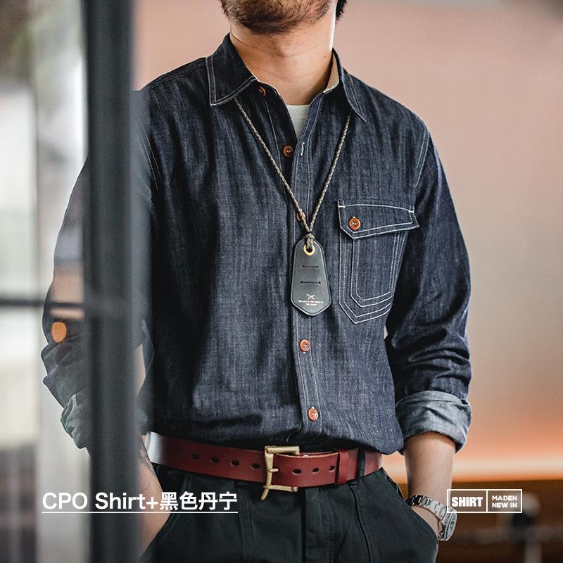 馬登工裝美式疊穿長袖丹寧牛仔襯衫內搭阿美哢嘰硬漢襯衣男士-Retro's Wear