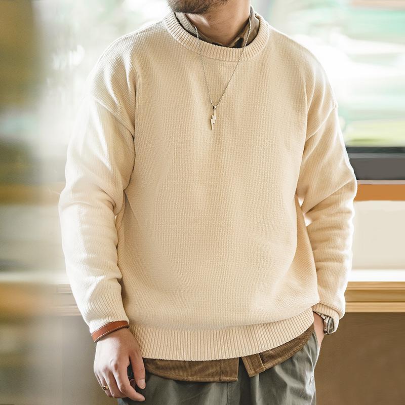 美式休閑雪尼爾圓領毛衣保暖慵懶基礎打底針織衫男秋冬-Retro's Wear