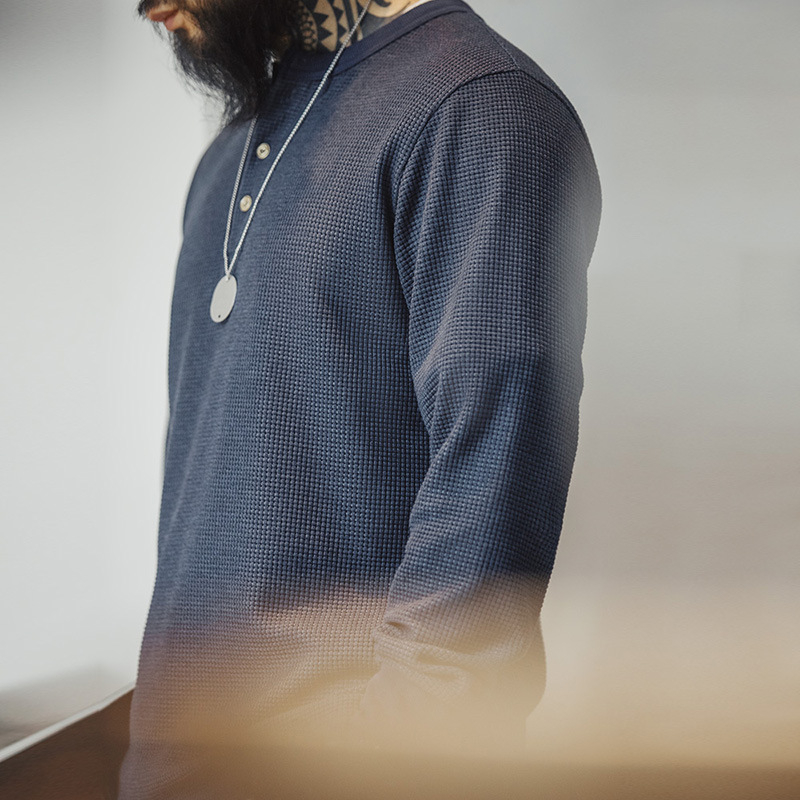 美式復古華夫格針織亨利衫修身阿美咔嘰純色長袖T恤男秋-Retro's Wear