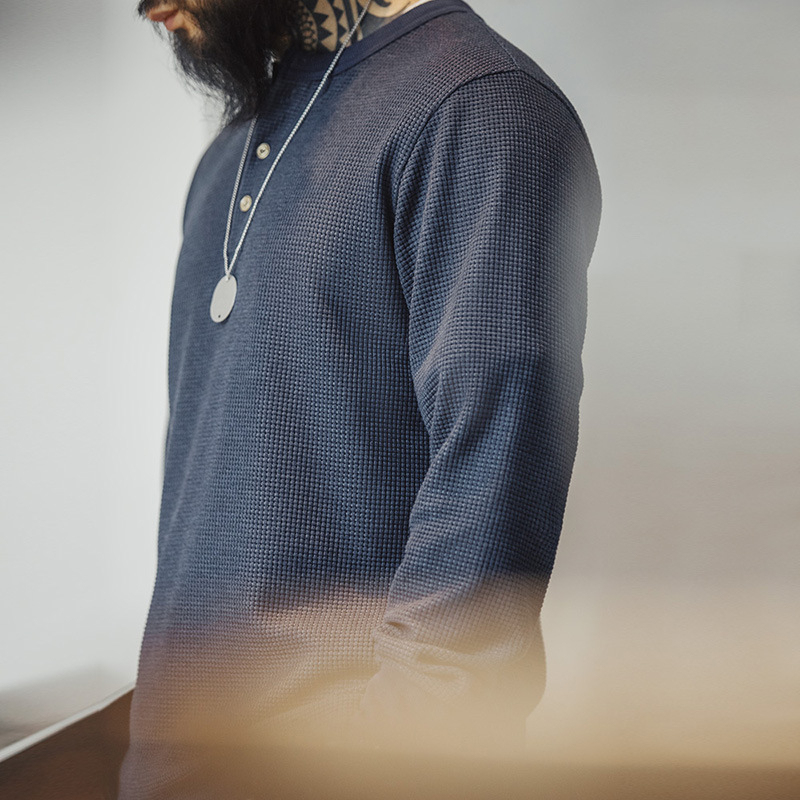 美式復古華夫格針織亨利衫修身阿美咔嘰純色長袖T恤男秋-Retro's Wear