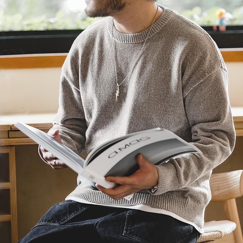 美式休閑雪尼爾圓領毛衣保暖慵懶基礎打底針織衫男秋冬-Retro's Wear