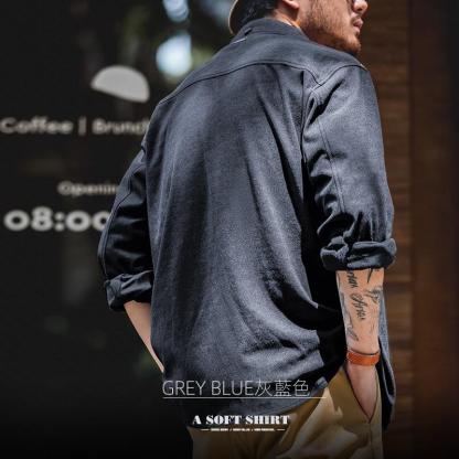 美式休閑星空紋純色翻領襯衫正肩疊穿長袖襯衣外套男秋-Retro's Wear