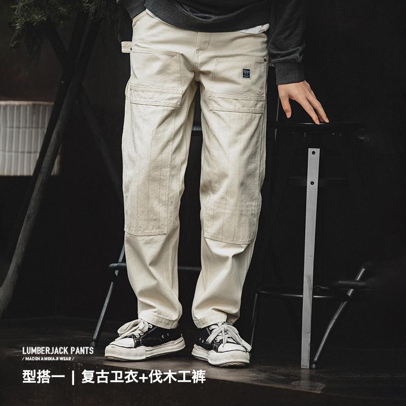馬登工裝做舊寬鬆米白色牛仔褲水洗直筒多口袋伐木工褲男-Retro's Wear