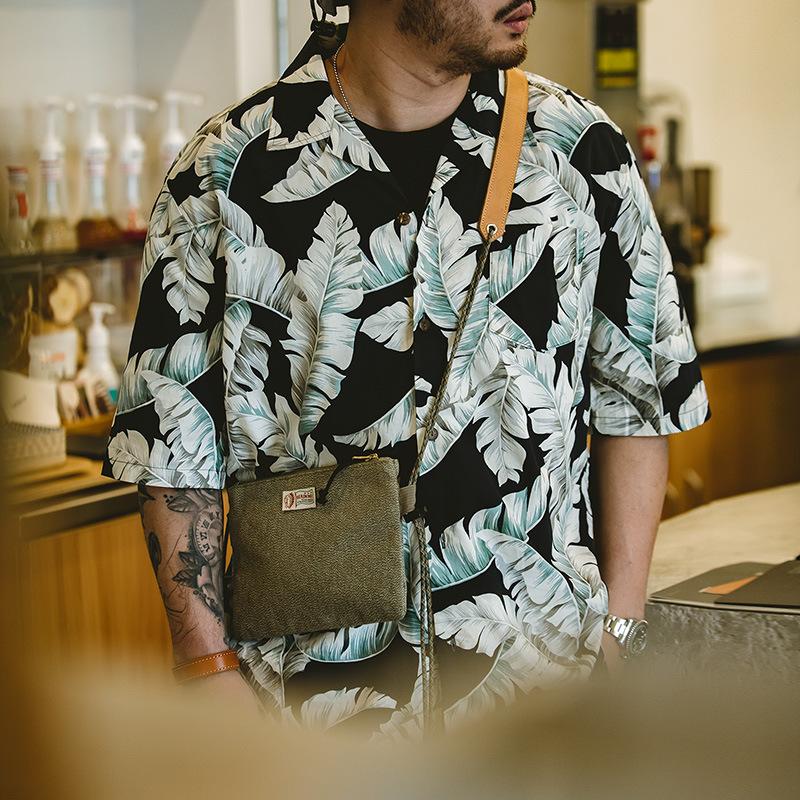 馬登工裝美式夏威夷芭蕉葉短袖襯衫五分袖沙灘度假印花襯衣男-馬登工裝